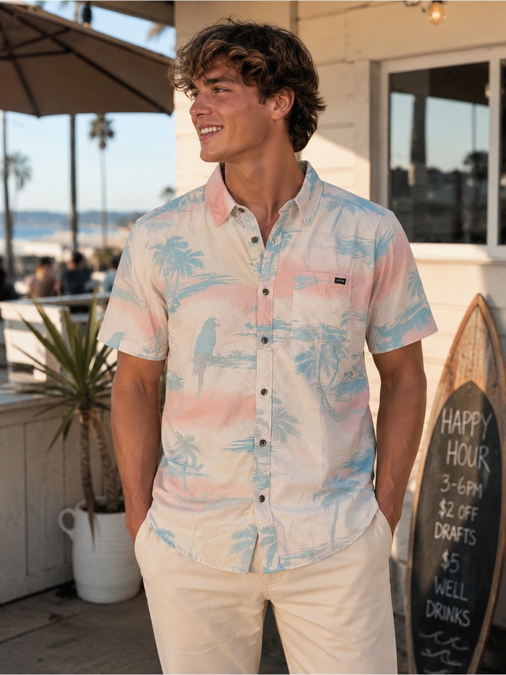 NWT Billabong Stretch Woven Tropical Palm Button Down Shirt Men’s Small
